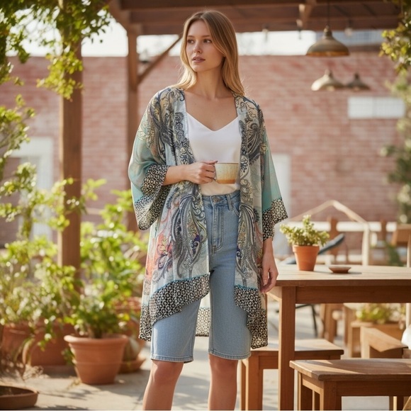 Soft Surroundings Tops - NWOT Soft Surroundings Coral and Blue Sheer Paisley Kimono Topper